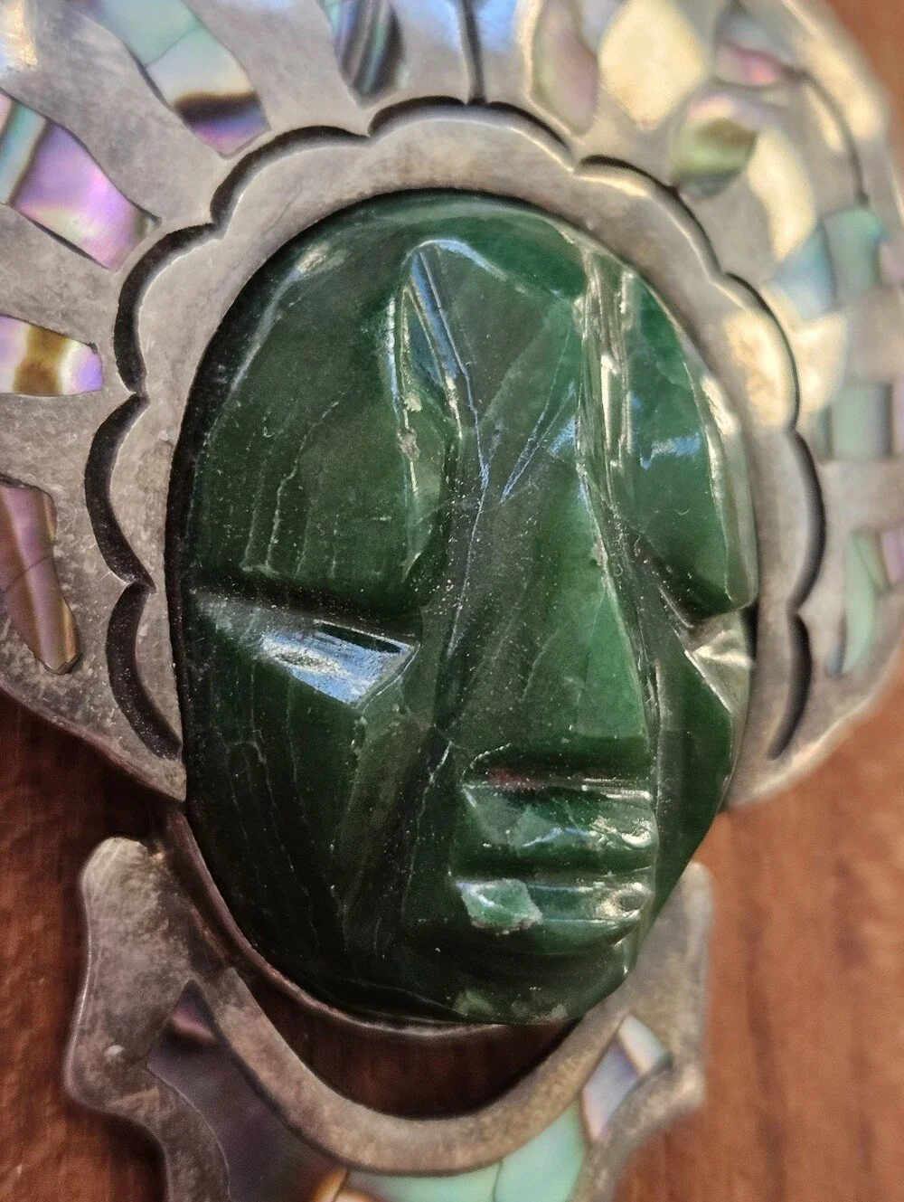Vintage Cheo Taxco Sterling Silver Carved Stone Face Pendant Brooch MCM